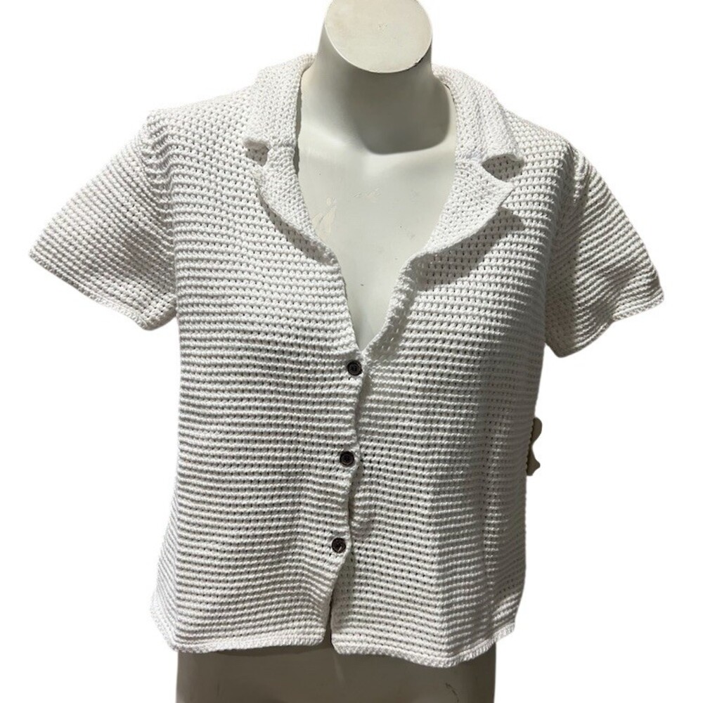 Free People Polo Top Womens L White Button Front Collared Beach Boho